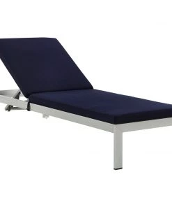 Modway Shore Outdoor Patio Aluminum Chaise With Cushions Silver Navy Lounge Chair Outdoor