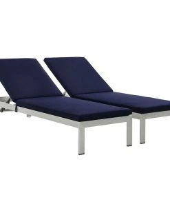 Modway Shore Chaise With Cushions Outdoor Patio Aluminum Set Of 2 Silver Navy Lounge Chair Outdoor