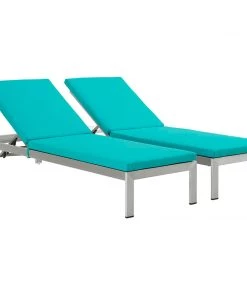 Modway Shore Chaise With Cushions Outdoor Patio Aluminum Set Of 2 Silver Turquoise