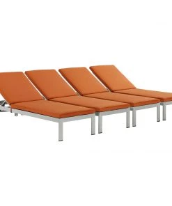 Modway Shore Chaise With Cushions Outdoor Patio Aluminum Set Of 4 Silver Orange