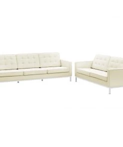 Modway Loft 2 Piece Leather Sofa And Loveseat Set Cream White