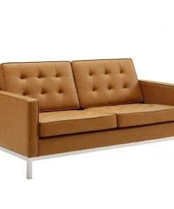 Modway Loft Tufted Upholstered Faux Leather Loveseat Silver Tan