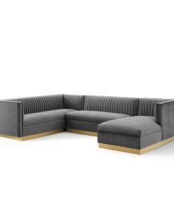 Modway Sanguine 3 Piece Performance Velvet Sectional Sofa Set Gray Sectionals