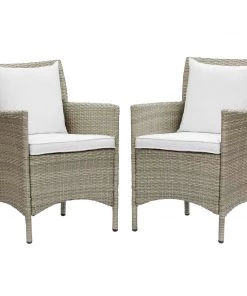 Modway Armchair Sets Conduit Outdoor Patio Wicker Rattan Dining Armchair Set Of 2 Light Gray White