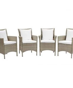 Modway Conduit Outdoor Patio Wicker Rattan Dining Armchair Set Of 4 Light Gray White