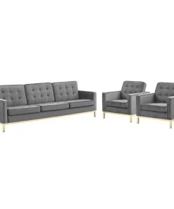 Modway Loft Gold Stainless Steel Leg Performance Velvet 3 Piece Set Gold Gray Living Room Sets