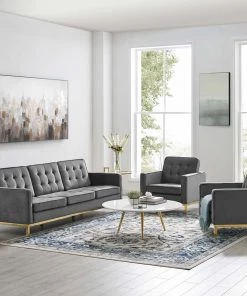 Modway Loft Gold Stainless Steel Leg Performance Velvet 3 Piece Set Gold Gray Living Room Sets
