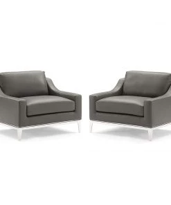 Modway Harness Stainless Steel Base Leather Armchair Set Of 2 Gray Armchairs