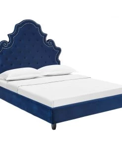 Modway Valentina Queen Tufted Nailhead Performance Velvet Platform Bed Navy