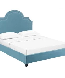 Modway Beds Primrose Queen Performance Velvet Platform Bed Sea Blue