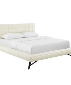 Modway Beds Julia Queen Biscuit Tufted Upholstered Fabric Platform Bed Ivory