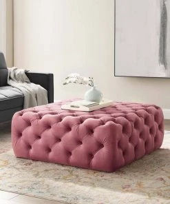 Modway Amour Tufted Button Large Square Performance Velvet Ottoman Dusty Rose Ottomans