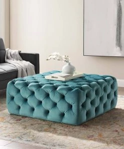 Modway Amour Tufted Button Large Square Performance Velvet Ottoman Sea Blue Ottomans