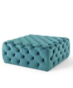 Modway Amour Tufted Button Large Square Performance Velvet Ottoman Sea Blue Ottomans