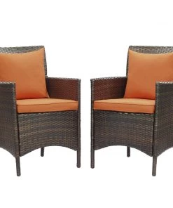 Modway Armchair Sets Conduit Outdoor Patio Wicker Rattan Dining Armchair Set Of 2 Brown Orange