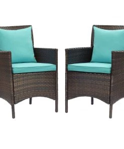 Modway Armchair Sets Conduit Outdoor Patio Wicker Rattan Dining Armchair Set Of 2 Brown Turquoise