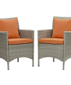 Modway Conduit Outdoor Patio Wicker Rattan Dining Armchair Set Of 2 Light Gray Orange Armchair Sets