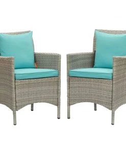 Modway Conduit Outdoor Patio Wicker Rattan Dining Armchair Set Of 2 Light Gray Turquoise