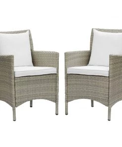 Modway Armchair Sets Conduit Outdoor Patio Wicker Rattan Dining Armchair Set Of 2 Light Gray White