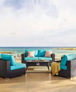 Modway Convene 5 Piece Set Outdoor Patio With Fire Pit Espresso Turquoise