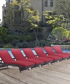 Modway Lounge Chair Outdoor Convene Chaise Outdoor Patio Set Of 6 Espresso Red