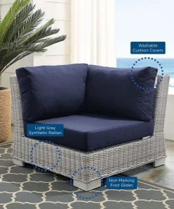 Modway Outdoor Sectional Conway Sunbrella® Outdoor Patio Wicker Rattan Corner Chair Light Gray Navy