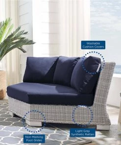 Modway Conway Sunbrella® Outdoor Patio Wicker Rattan Round Corner Chair Light Gray Navy Outdoor Sectional