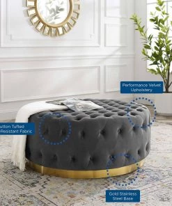 Modway Ensconce Tufted Performance Velvet Round Ottoman Gray Ottomans