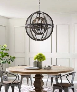 Modway Gravitate Globe Rustic Oak Wood Pendant Light Chandelier