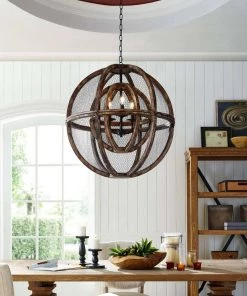 Modway Gravitate Globe Rustic Oak Wood Pendant Light Chandelier