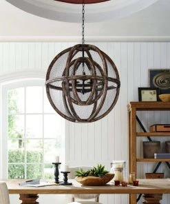 Modway Gravitate Globe Rustic Oak Wood Pendant Light Chandelier