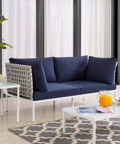 Modway Outdoor Loveseats Harmony Sunbrella® Basket Weave Outdoor Patio Aluminum Loveseat Tan Navy