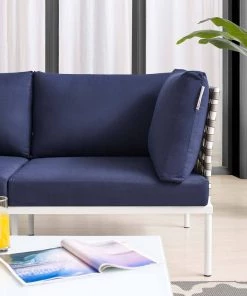 Modway Outdoor Loveseats Harmony Sunbrella® Basket Weave Outdoor Patio Aluminum Loveseat Tan Navy