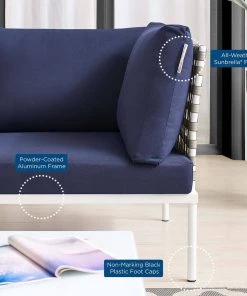 Modway Outdoor Loveseats Harmony Sunbrella® Basket Weave Outdoor Patio Aluminum Loveseat Tan Navy