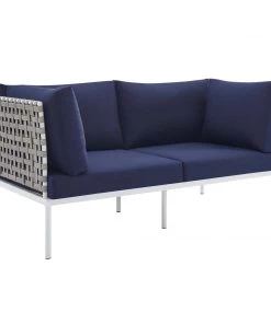 Modway Outdoor Loveseats Harmony Sunbrella® Basket Weave Outdoor Patio Aluminum Loveseat Tan Navy