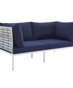Modway Harmony Sunbrella® Basket Weave Outdoor Patio Aluminum Loveseat Taupe Navy