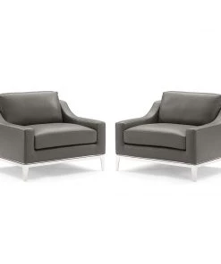 Modway Harness Stainless Steel Base Leather Armchair Set Of 2 Gray Armchairs