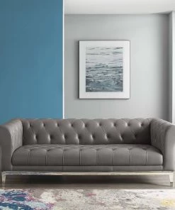 Modway SOFAS Idyll Tufted Button Upholstered Leather Chesterfield Sofa Gray