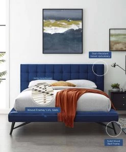 Modway Julia Queen Biscuit Tufted Performance Velvet Platform Bed Navy