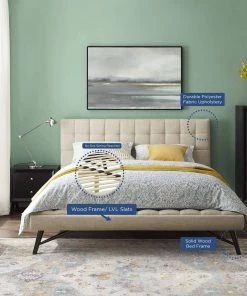 Modway Beds Julia Queen Biscuit Tufted Upholstered Fabric Platform Bed Beige