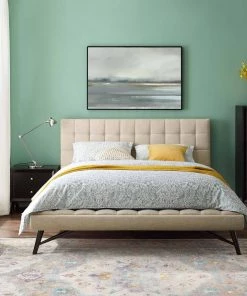 Modway Beds Julia Queen Biscuit Tufted Upholstered Fabric Platform Bed Beige