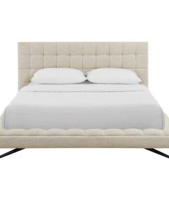 Modway Beds Julia Queen Biscuit Tufted Upholstered Fabric Platform Bed Beige
