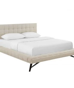 Modway Beds Julia Queen Biscuit Tufted Upholstered Fabric Platform Bed Beige