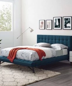 Modway Julia Queen Biscuit Tufted Upholstered Fabric Platform Bed Blue