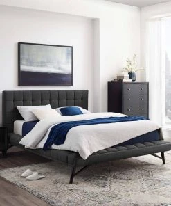 Modway Julia Queen Biscuit Tufted Upholstered Fabric Platform Bed Gray Beds