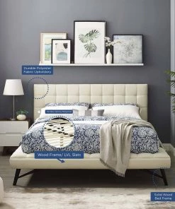 Modway Beds Julia Queen Biscuit Tufted Upholstered Fabric Platform Bed Ivory