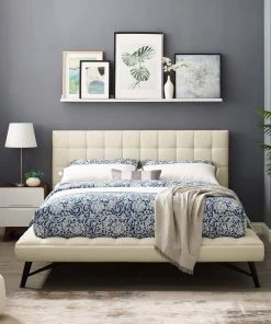 Modway Beds Julia Queen Biscuit Tufted Upholstered Fabric Platform Bed Ivory