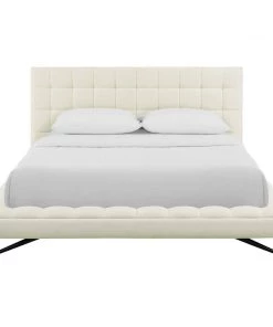 Modway Beds Julia Queen Biscuit Tufted Upholstered Fabric Platform Bed Ivory