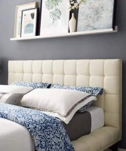 Modway Beds Julia Queen Biscuit Tufted Upholstered Fabric Platform Bed Ivory