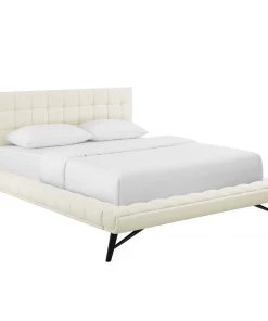 Modway Beds Julia Queen Biscuit Tufted Upholstered Fabric Platform Bed Ivory